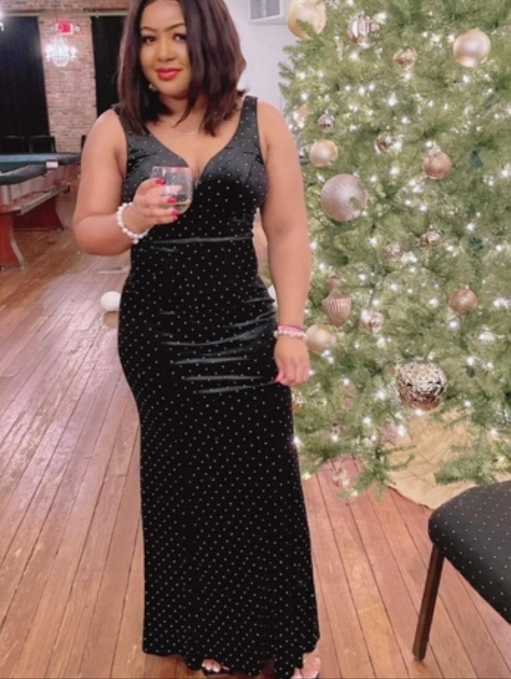 Black Micro Polka Dot Velvet Evening Gown - Elegant Women's Dress